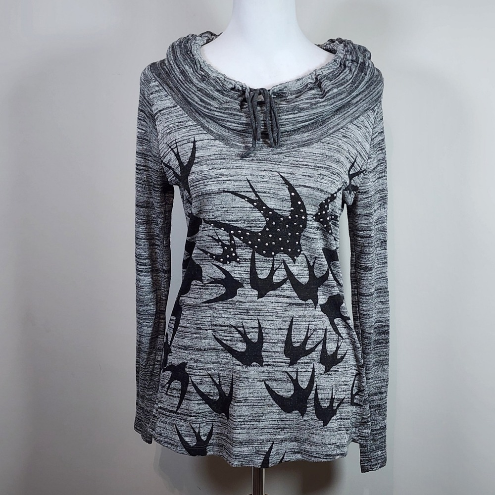 Bird Print Cowl Neck Top Womens Small Gray Long Sleeve Swallows Indie Alt Grunge